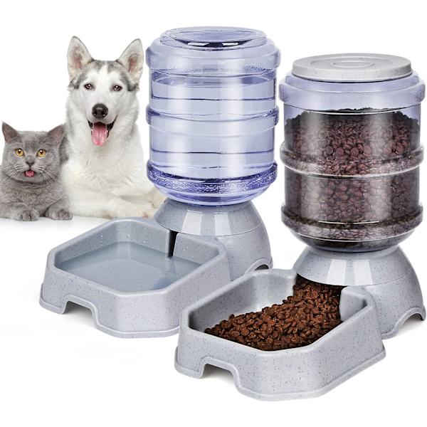 Automatisk foder- og vanddispenser til hunde og katte, BPA-fri, tyngdekraftspåfyldning, nem at rengøre, selvfodring. Grey