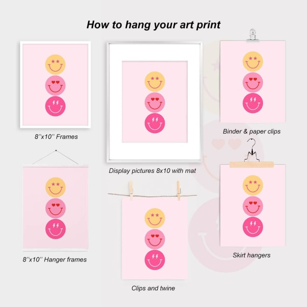 Preppy rumsdekor estetisk rosa vit väggkonst för tonårsflickors sovrum rosa college sovsal affischer trendig väggdekor (ORAMAD 8x10in)