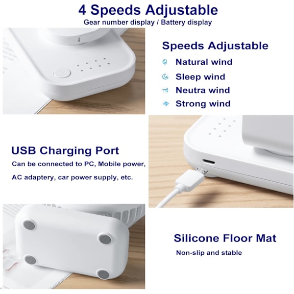 Bordventilator 4 Hastigheder Støjsvag 90° Variabel Mini Bordventilator USB Genopladelig Perfekt til Soveværelse (Hvid)