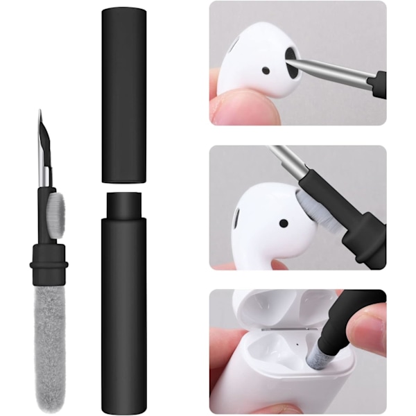AirPod Rensesett, 3 i 1 Airpod Rensepenn med Svamp, Trådløse Ørepropper Rensepenn, Multifunksjonelt Øretelefon Rensesett - Svart