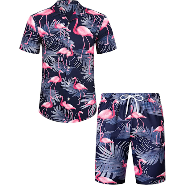 Herr Hawaiian skjorta och shorts set Regular Fit kortärmad casual funky strand flamingo skjorta set L Navy Blue Flamingo