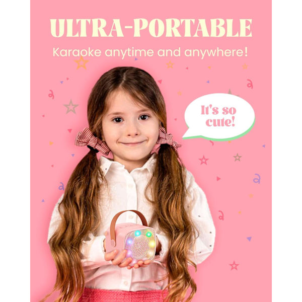 Karaokemaskin för barn med 2 trådlösa mikrofoner, bärbar Bluetooth-högtalare, presentleksaker för flickor och pojkars födelsedag Pink 2 Mic K15