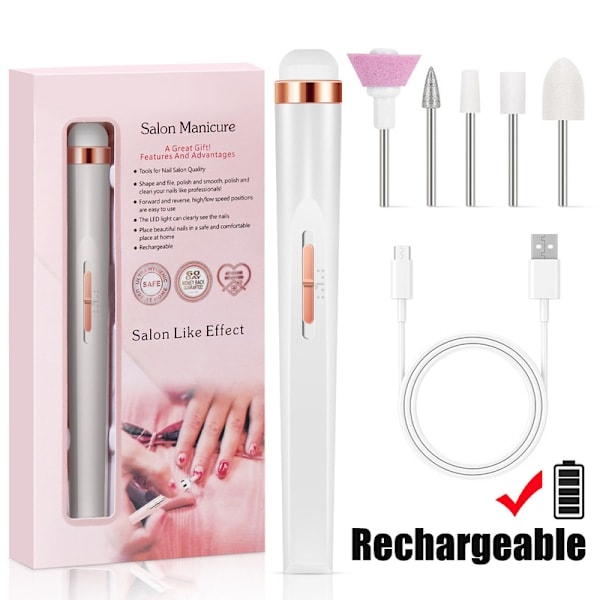 Elektrisk nagelfil - Elektrisk fil - 5 delar rosa vit white
