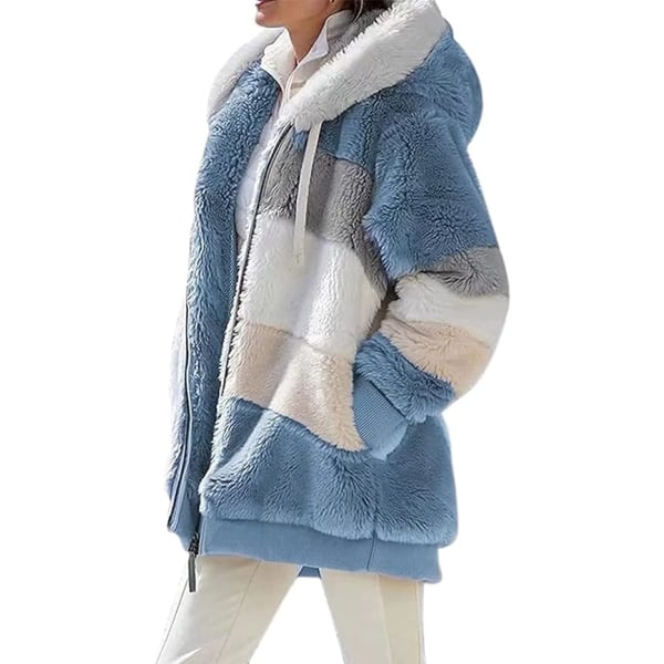 Blå L størrelse høst/vinter varm plysj patchwork glidelåslomme løs jakke med hette blue L