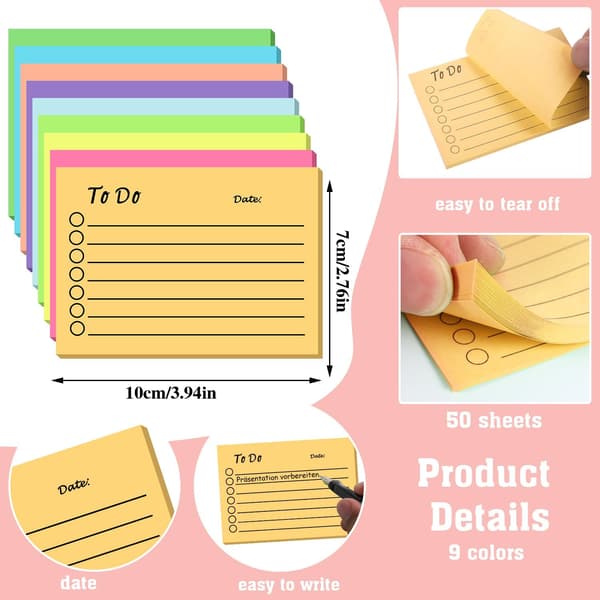 Pakke med To Do List Sticky Notes, Selvklæbende Sticky Notes, Farverig Sticky Notes Blok med Linjer, To Do List Notesblokke til Skolekontormøde