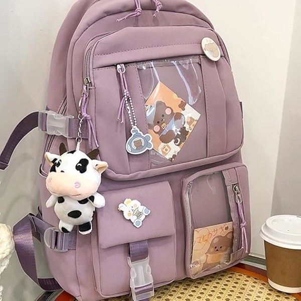 Kawaii Ryggsäck med Hänge, Stor Kapacitet Söt Björns Ryggsäck för Skola Multi Fickor Ryggsäck för Tonårsflickor Söt Kawaii Ryggsäckar Pink