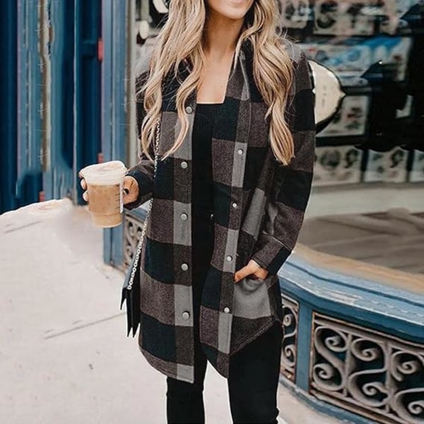 Harmaa naisten takki pitkä ruudullinen casual rento syys/talvi neuletakki /L gray L