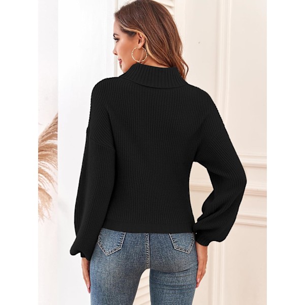 Alsidig afkortet turtleneck sweater til kvinder, ribstrikket pullover med pufærmer, parret med jeans 2-black Medium