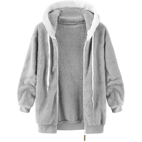 Hættejakke til kvinder, Teddy Fleece-frakke, Overgangsjakke med hætte og lommer, lynlås, efterår, vinter, plysjakke, fleecejakke, vinter 4XL D Grey