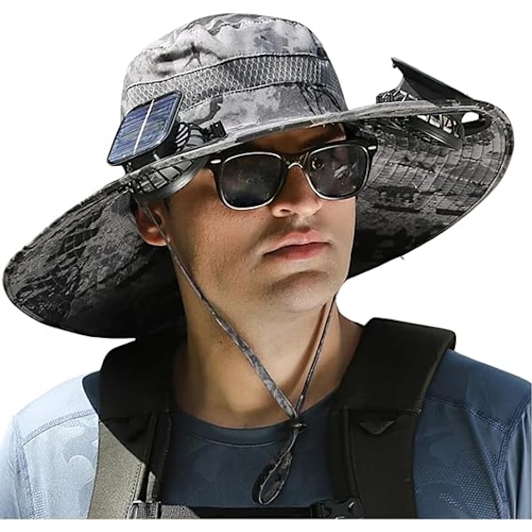Bredbrättad Solhatt för Utomhusbruk med 2 Solfläktar, Solhatt för Män och Kvinnor UPF 50+, Fiske- & Strandhatt med Inbyggd Fläkt Camouflage Gray