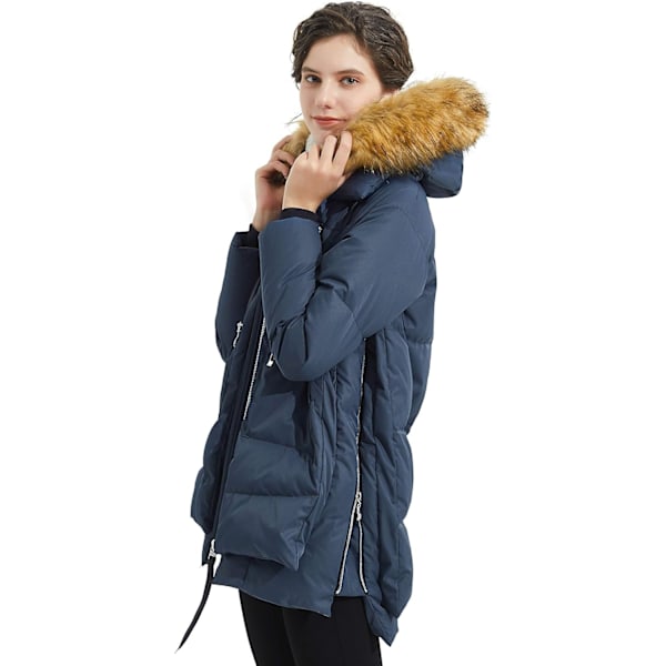 Kvinners tykke dunjakke Parka hette lang pufferjakke for vinter S Navy+Fur Trim