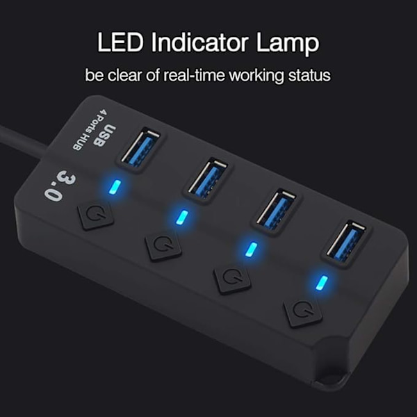 USB 3.0 Hub med bryter, LED og strømadapter
