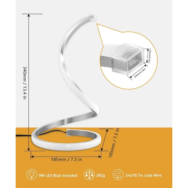 Spiraalimainen moderni pöytävalaisin (hopea), portaattomasti himmennettävä 3 värilämpötilan kaareva taiteellinen yöpöytävalaisin sängyn viereen Silver CURVED