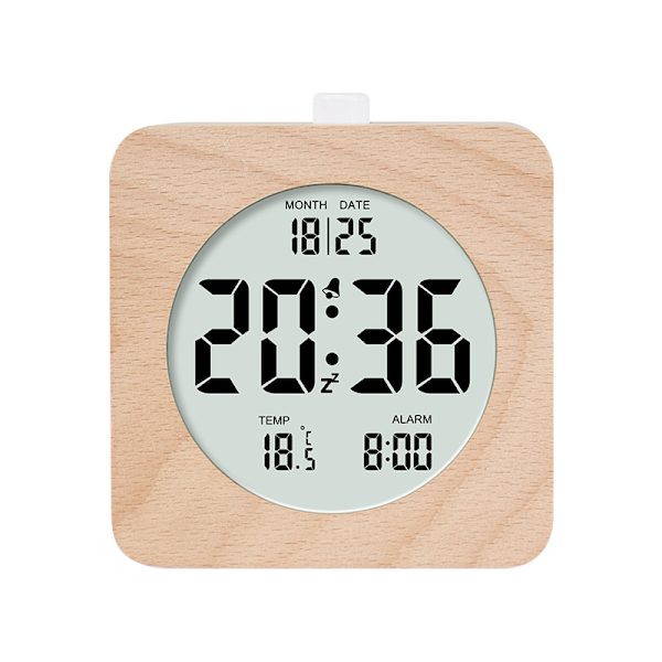 Digital klocka, träväckarklocka med temperatur, datumvisning, skrivbordsklocka med nattlampa och snooze-modul, batteridriven
