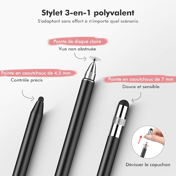 3-i-1 Stylus Penn for iPad Samsung Nettbrett Smarttelefon, Høysensitiv og Høy Presisjon Berørings-Stylus med 10 Erstatningstupper (Svart + Rosegull)