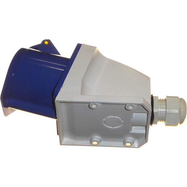32 Amp 3-pins Plugg & Overflatemontert Stikkontakt 230V IP44 32A 2P+E 1-Fase Innendørs/Utendørs Regnsikker Industriell 32A IEC Blå