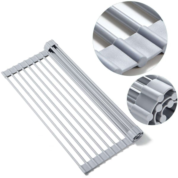 Dish rack - Rolls up - Stainless steel - Collapsible Silver