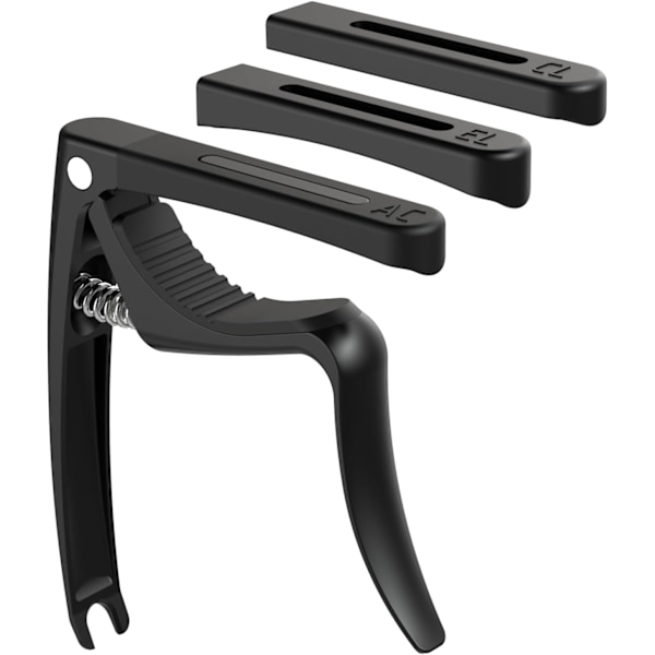 4-i-1 Capo för gitarr med extraktor för stallpinnar, capo för akustisk, elektrisk, klassisk gitarr, bas, ukulele, banjo, mandolin, svart Gold