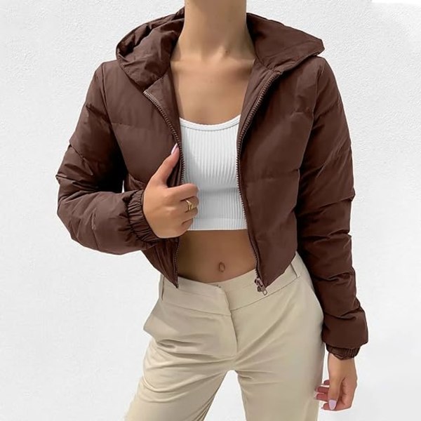 Yksinkertainen kahvinvärinen naisten takki hupullinen yksivärinen lyhyt talvi /S brown S