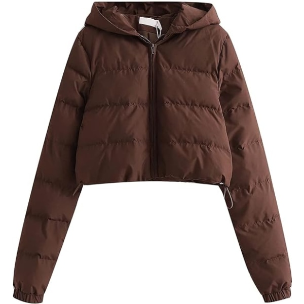Yksinkertainen kahvinvärinen naisten takki hupullinen yksivärinen lyhyt talvi /L brown L