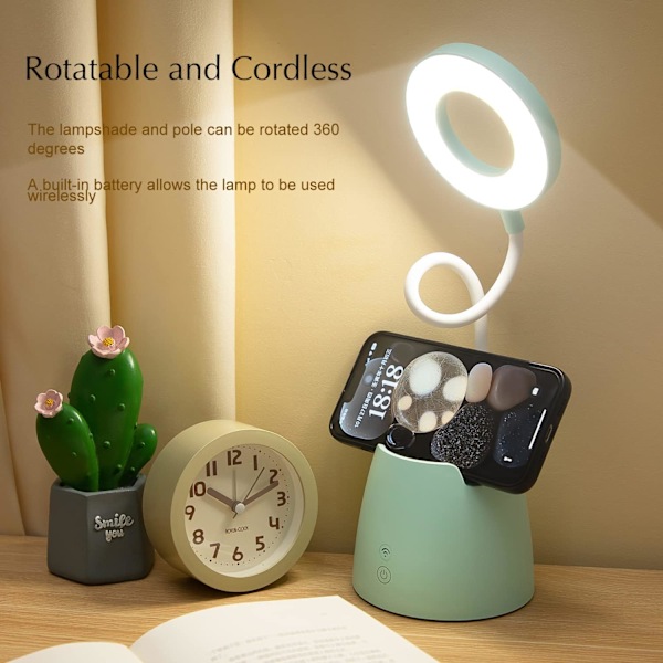 Fällbar LED-skrivbordslampa med pennhållare med fjärrkontroll och timerfunktion för ögonskydd Verde Versión de control remoto