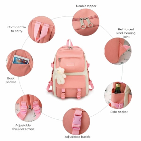 5-pack skolväskeset för flickor, ryggsäck, handväska, axelväska, pennfodral och dragskopåse Rosa Pink