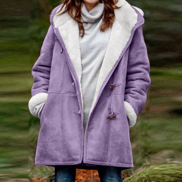 Damer Vinterjakker Udsalg Plus Størrelse Dame Fleeceforet Jakke Hoodies Lomme Uld Casual Hættetrøjer Horn Knapper Casual Varmt Jakke Trench 5XL 01 Purple