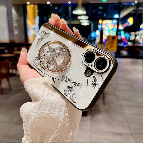 Deksel til iPhone 16 med Rhinestones Dekor Støtte TPU+PC Sommerfugl Blomster Deksel