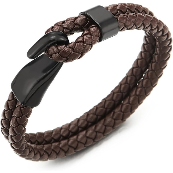 Two Rows Braided Leather Bracelet for Men and Women, Black Stainless Steel Hook Closure, for men and women