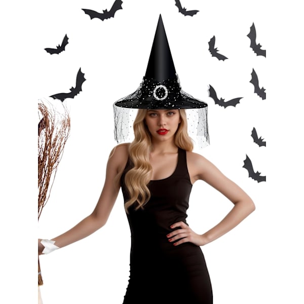 Häxhatt för kvinnor, spetsnät, elegant dräkt, trollkarl kostymtillbehör för cosplayfester Black Lace