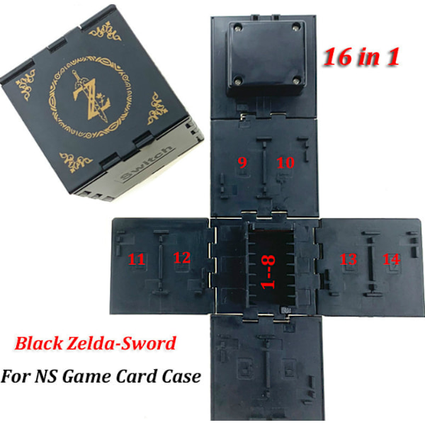 Passer for Nintendo SWITCH spillkortboks 16 i 1 sammenleggbar kortboks temaserie minnekortboks Black Zelda Arrow