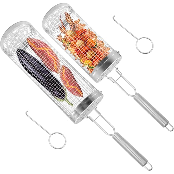 2 rullande grillkorgar med avtagbart handtag i rostfritt stål