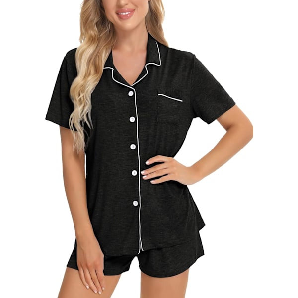 Dam Pyjamas Set Kortärmad Nattkläder Dam Knapp Ned Nattkläder PJ Set med Ficka L Black Grey