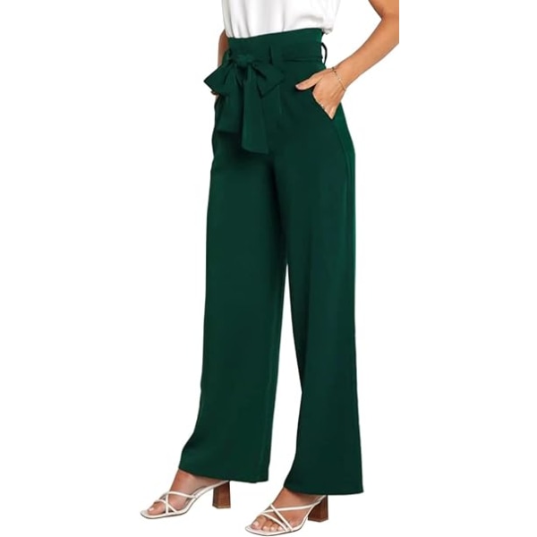 Mørkegrønne damebukser med høy midje, posete brede ben med sløyfe /XL Dark green XL