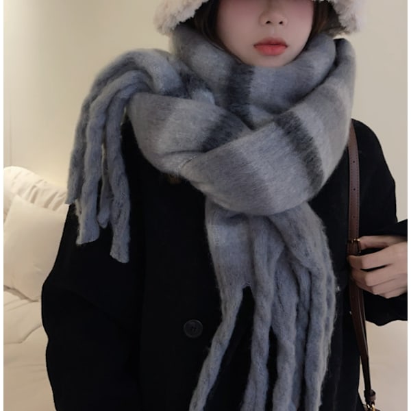 Stor Tjock Rutig Halsduk Färgad Överdimensionerad Halsduk Mjuk Stor Tjock Vintervarm Pläd Kvinnor Stripe gray black