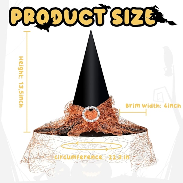 Heksehatt for kvinner, Mesh Lace Fancy Dress Wizard Kostymetilbehør for Cosplay-fester Orange Lace