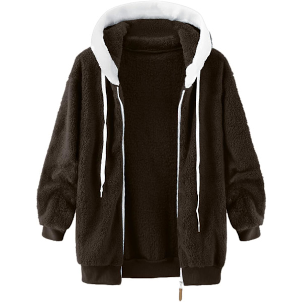 Hættejakke Dame Teddy Fleece Frakke Overgangsjakke med Hætte med Lommer Lynlås Efterår Vinter Plys Jakke Fleece Jakke Vinter L B Brown