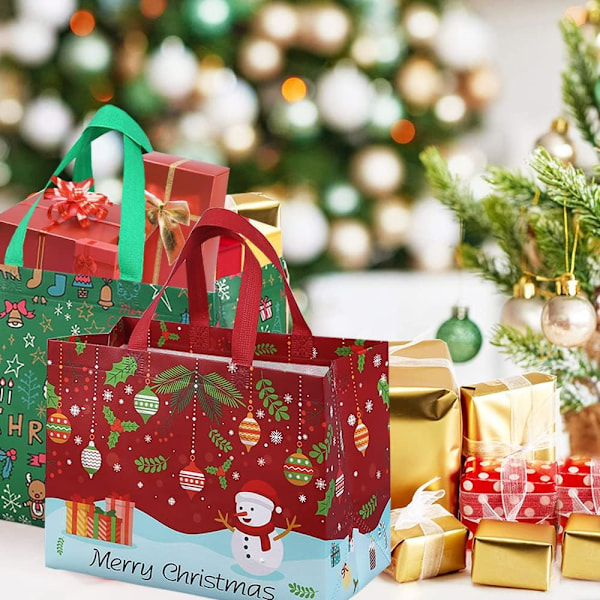 12-pakke gjenbrukbare julegaveposer, totebag med håndtak, gavepose, handlepose for juleferiefest