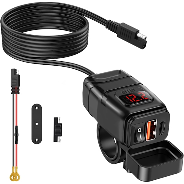 12V USB-uttak, hurtiglading 3.0 PD Type C og USB-lader motorsykkeluttak med av/på-bryter og LED-voltmeter, vanntett SAE-til-dobbel USB