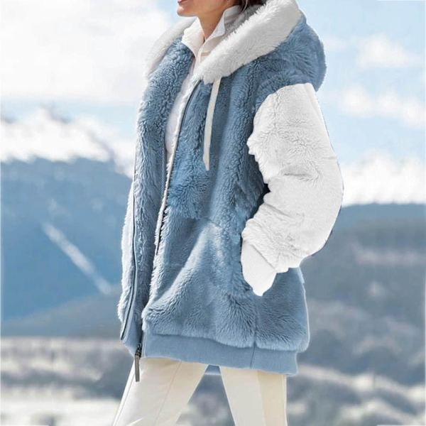 Hættejakke til kvinder, Teddy Fleece-frakke, Overgangsjakke med hætte og lommer, lynlås, efterår, vinter, plysjakke, fleecejakke, vinter 4XL E Blue