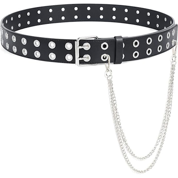 Kaksinkertainen niittireikäinen nahkavyö irrotettavalla ketjulla naisille ja miehille, punk musta vyö kaksinkertaisilla niiteillä farkuille B. Black With Chain