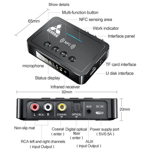 Trådløs Bluetooth 5.0 Mottaker Stereo Audio Høyttalere