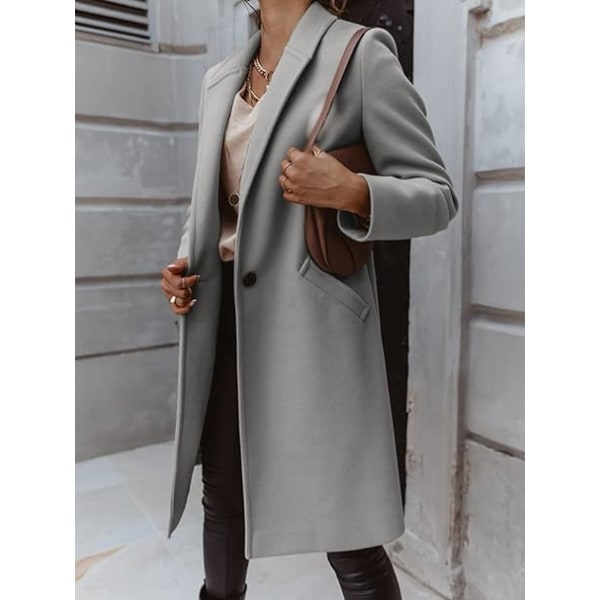 Lysegrå S-kode efterår vinter ensfarvet revers mellemlang knapfrakke frakke kvinde Light grey S
