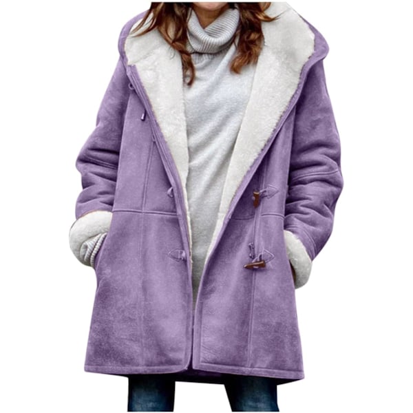 Damer Vinterjakker Udsalg Plus Størrelse Dame Fleeceforet Jakke Hoodies Lomme Uld Casual Hættetrøjer Horn Knapper Casual Varmt Jakke Trench L 01 Purple