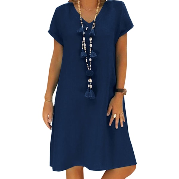 Damekjole Sommer Linskjoler Casual V-hals Midi Kjole Kort Erm A-linje Kjole Sommerkjole Tunikakjole Uten Tilbehør (Halskjede ikke inkludert) A Marine XXL
