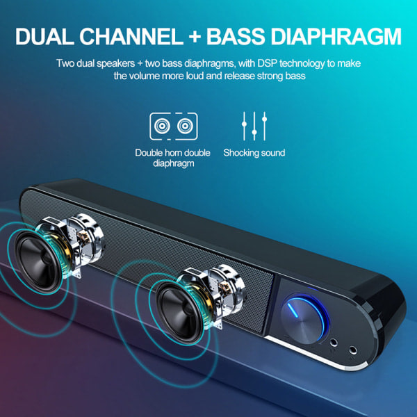 Svarta PC-högtalare, 12 Watt, PC Soundbar, USB-ström, 3,5 mm