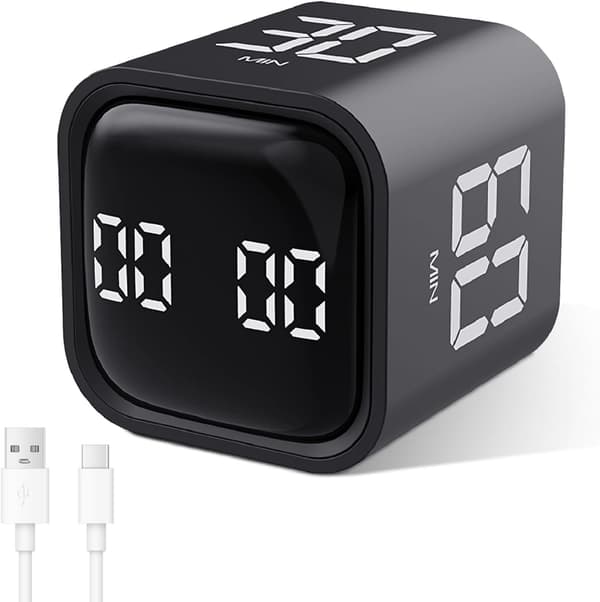 Cube Timer, Roterende Pomodoro Timer, 5/10/30/60 Minutter og Brugerdefineret Nedtælling, Digital Timer med Vibration Black