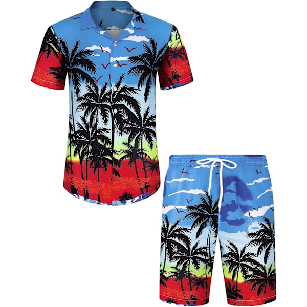 Herr Hawaiian skjorta och shorts set Regular Fit kortärmad casual funky strand flamingo skjorta set L Blue Beach