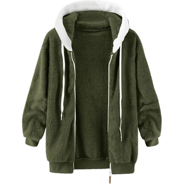 Hættejakke til kvinder Teddy Fleece Frakke Overgangsjakke med hætte med lommer lynlås efterår vinter plysjakke fleecejakke vinter 4XL C Green