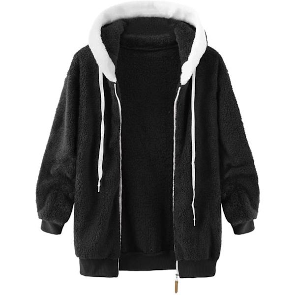Hættejakke til kvinder, Teddy Fleece-frakke, Overgangsjakke med hætte og lommer, lynlås, efterår, vinter, plysjakke, fleecejakke, vinter 4XL A Black